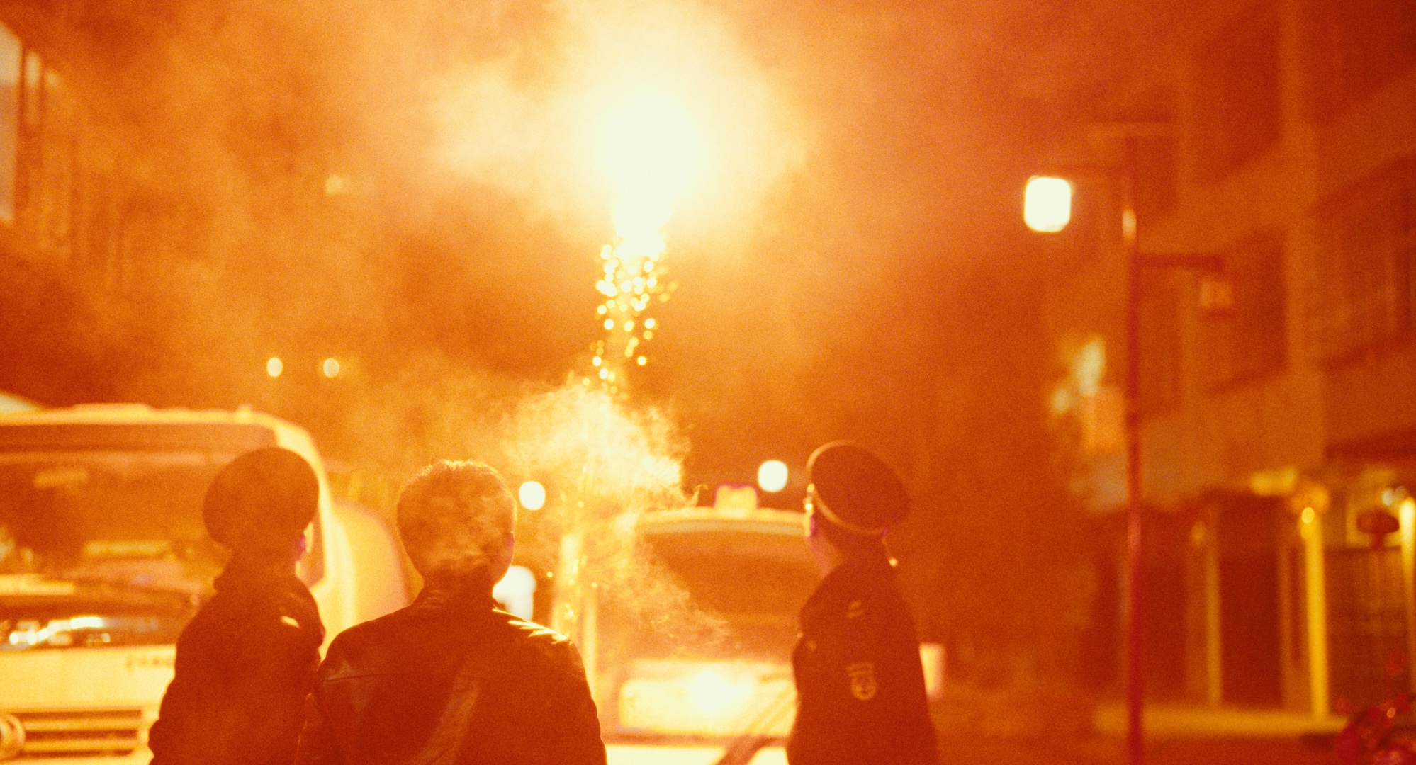 People watching fireworks in a street at night, from Spring 23
